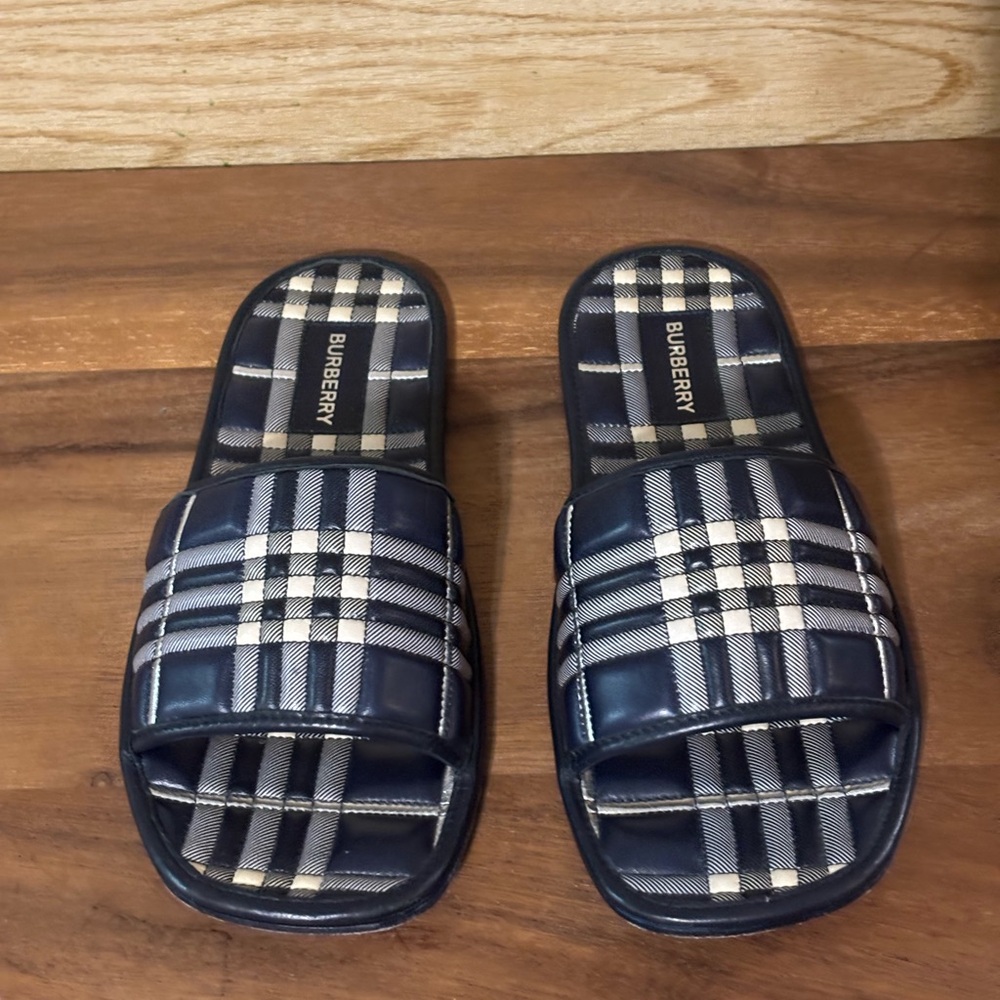 Burberry Alixa Lambskin Quilted Check Slide Sandals- Dark Charcoal Blue